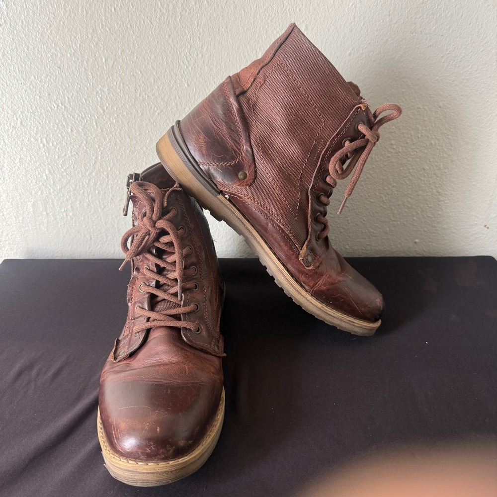 GBX Mens Brown Leather Textile Side Zip Combat Boots 11.5